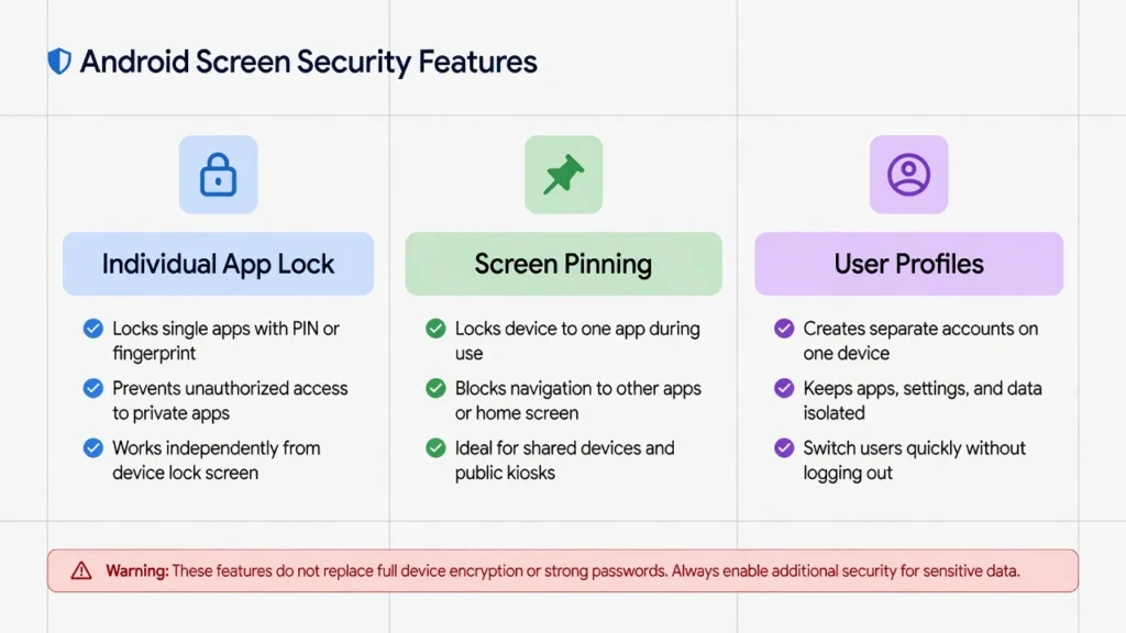 Comparison diagram of three Android app locking
methods: individual app locks, screen pinning, and
user profiles with use cases for each