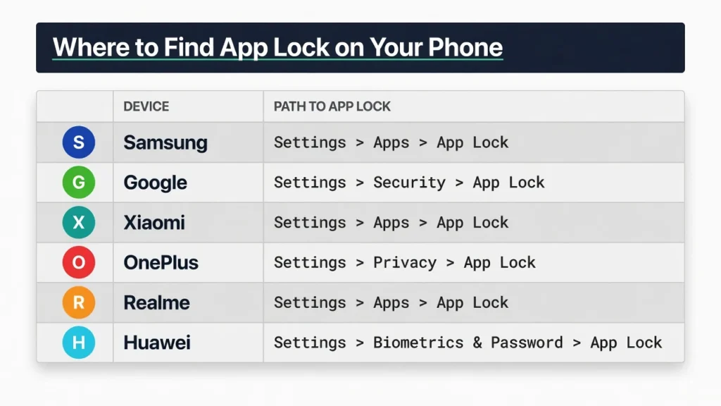 Reference table showing where to find the built-in
app lock in settings for Samsung, Pixel, Xiaomi,
OnePlus, Realme, and Huawei Android phones