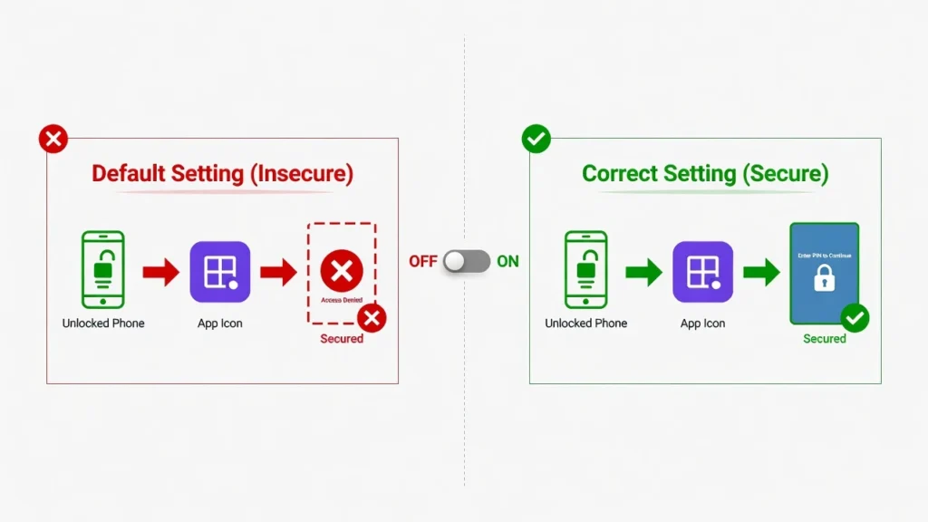 Before and after diagram showing the difference
between default insecure app lock timing setting
and the correct lock after exiting app setting
on Android