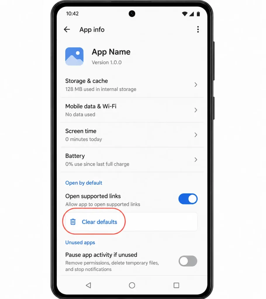 Android app settings screen showing the Open by default section with Clear defaults button highlighted, used to remove file associations for a specific app