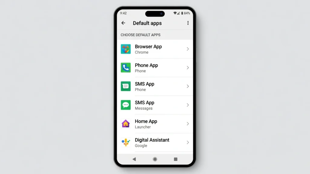 Android settings screen showing the Default Apps menu with categories for Browser, Phone, SMS, Home App, and Digital Assistant