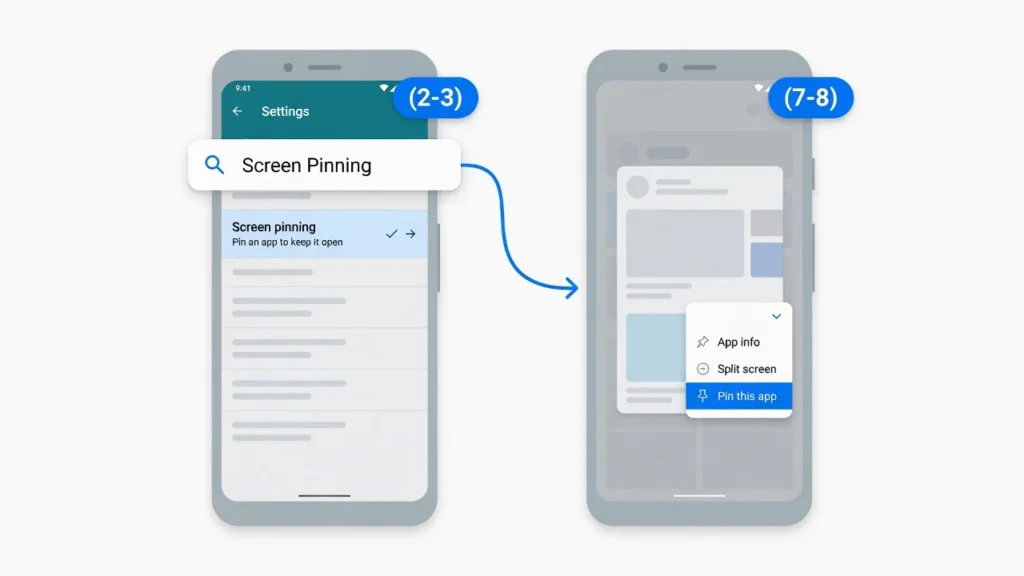 Two Android phone screens showing screen pinning
setup: Settings search for screen pinning on left,
pin this app menu option on right