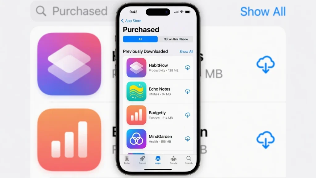iPhone App Store purchase history list showing previously deleted apps with cloud download icons for free reinstallation on iPhone
