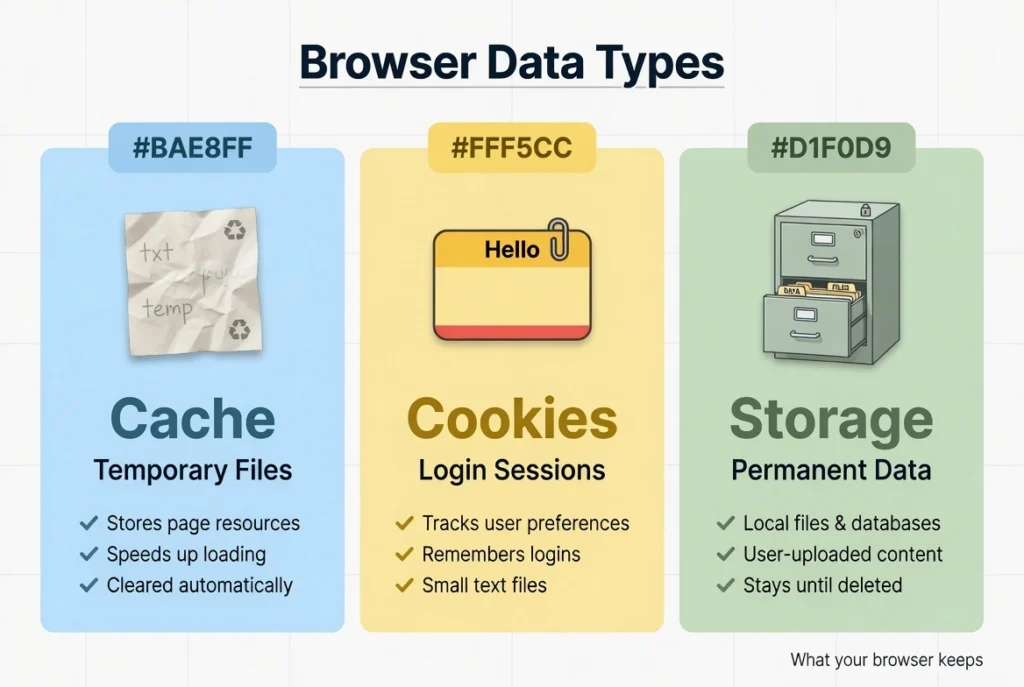 Diagram comparing cache as temporary files, cookies as login sessions, and storage as permanent data on iPad