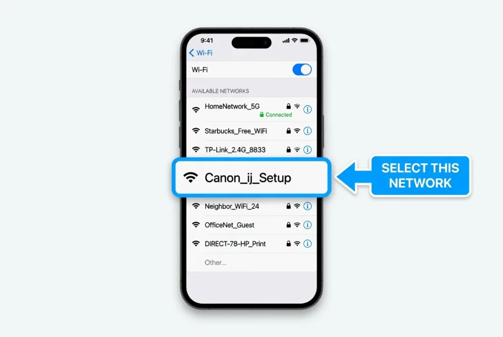 Smartphone WiFi settings screen showing Canon_ij 
temporary printer network highlighted in the 
available networks list during Canon PRINT app setup