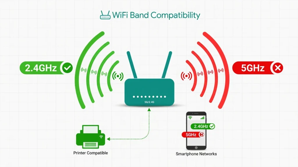 Diagram showing router broadcasting 2.4GHz and 5GHz 
bands with Canon printer connecting only to 2.4GHz 
network during WiFi setup
