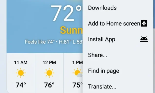  Chrome browser on Android showing three-dot menu expanded with Add to Home screen option highlighted