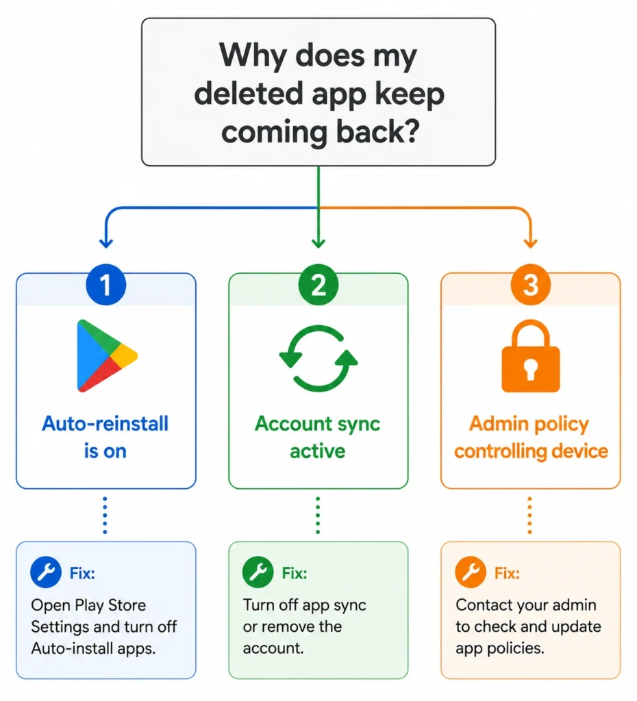 Flowchart showing three reasons a deleted Chromebook app keeps coming back including Play Store auto-reinstall sync and admin policy