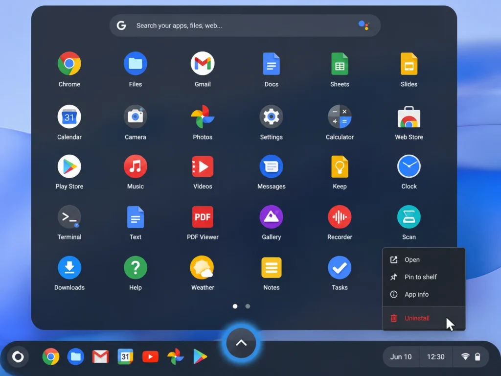 Chrome OS app launcher fully expanded showing up arrow button highlighted and right-click uninstall menu on app icon