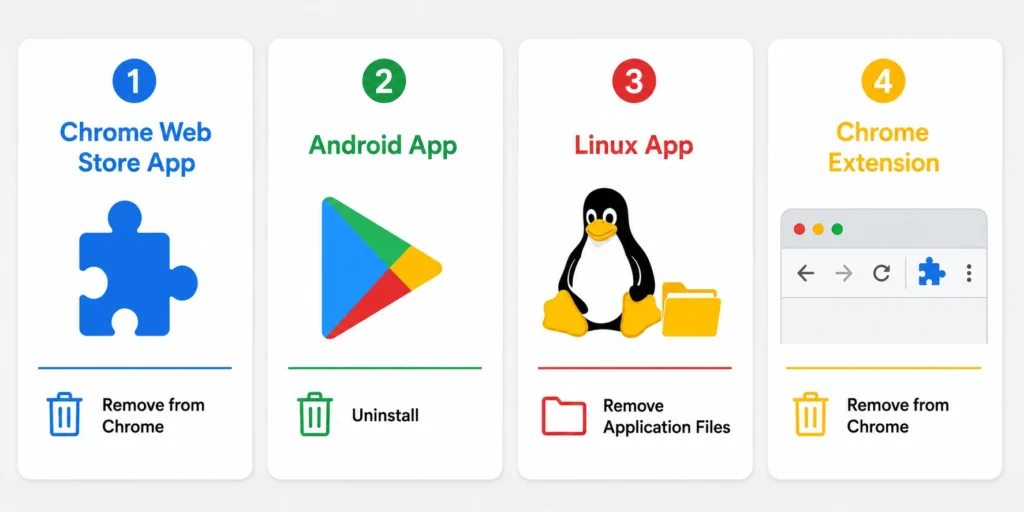 Infographic comparing four Chrome OS app types showing Remove from Chrome versus Uninstall menu labels for each