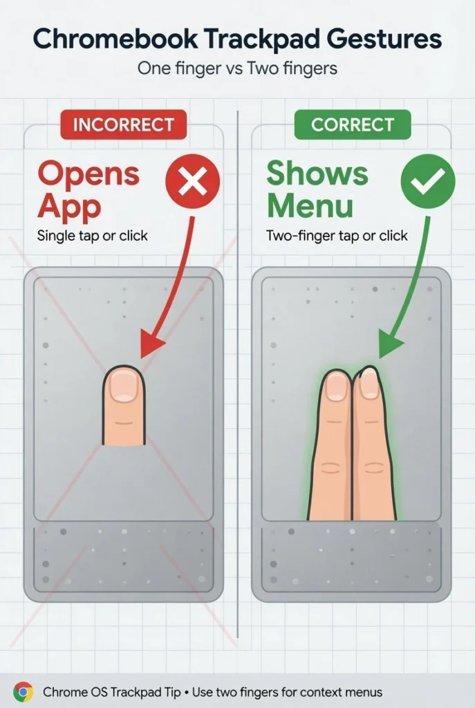Diagram showing Chromebook trackpad with two-finger tap on right to open uninstall menu versus single finger tap that opens app