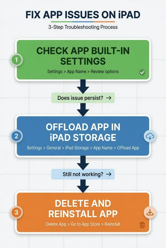 Flowchart showing three methods to clear app cache on iPad from least to most disruptive