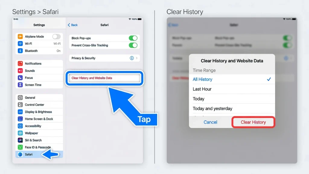iPadOS Settings showing Safari Clear History and Website Data option highlighted with confirmation popup