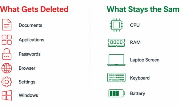 Infographic showing what a Dell factory reset deletes (files, apps, settings) versus what remains unchanged (hardware components)
