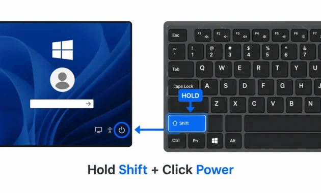 Illustration showing how to hold Shift and click the power icon on the Windows login screen to access Dell laptop factory reset without a password
