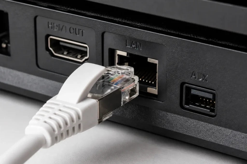 Ethernet LAN cable plugged into PS4 console rear port for wired hotel room internet connection