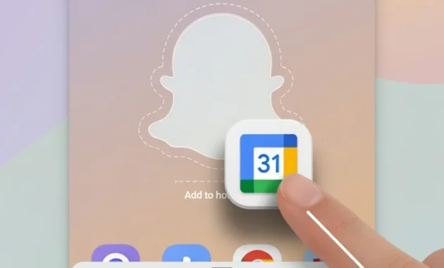  Google Pixel screenshot showing finger dragging Calendar app icon from minimized app drawer onto home screen with ghost outline placement indicator