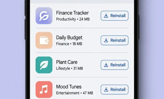 Android phone showing Google Play Store manage apps screen with Not installed filter selected to display deleted app history
