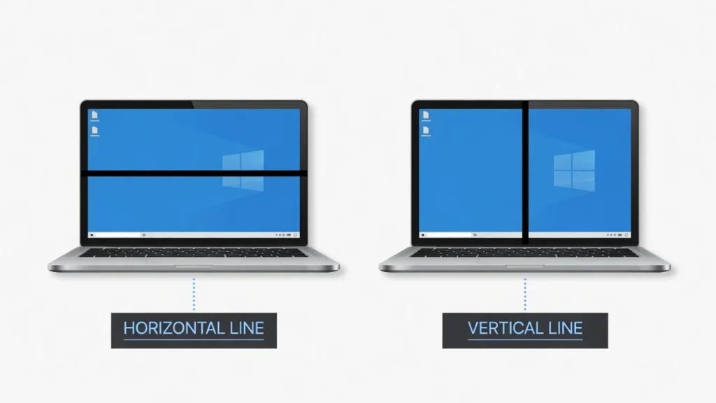 Diagram comparing horizontal black line on laptop screen pointing to LCD or cable issues versus vertical black line indicating driver or GPU problems
Characters: 149/150 (trim if needed: remove "problems" → "GPU fault")