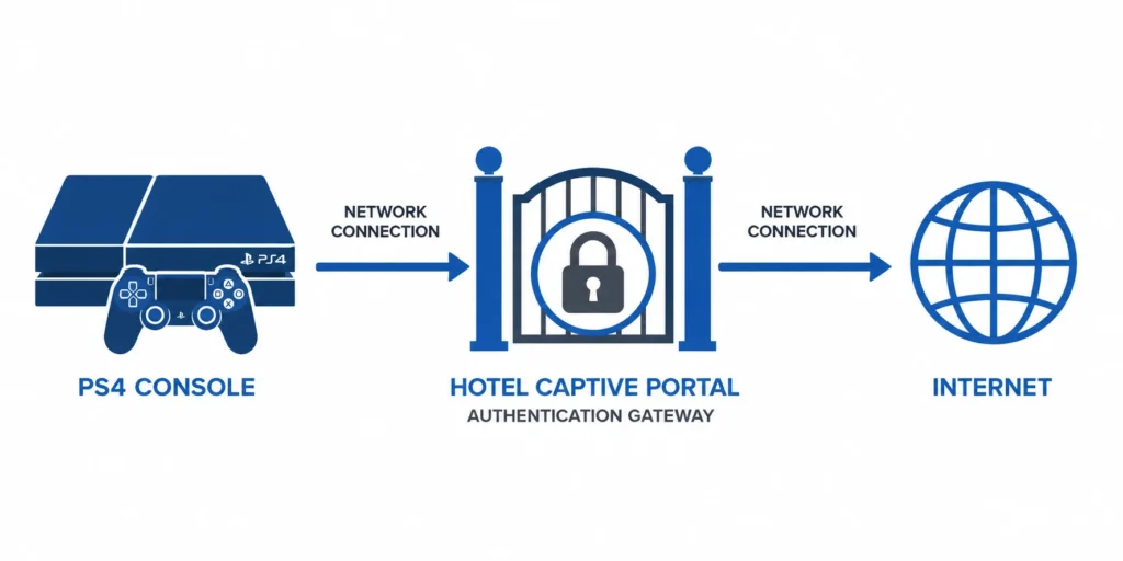 Diagram showing PS4 blocked by hotel captive portal login gate before reaching internet connection