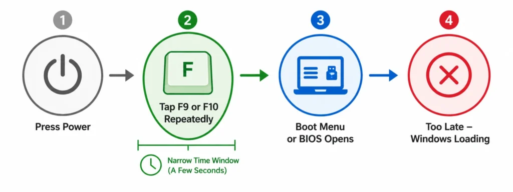Timeline diagram showing when to press F9 or 
F10 key during HP laptop startup to access boot 
menu or BIOS settings before Windows begins loading