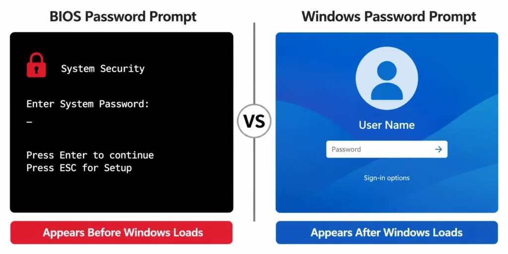 Comparison showing HP laptop BIOS password 
screen appearing before Windows loads versus 
Windows login screen appearing after Windows 
starts, helping users identify their lock type