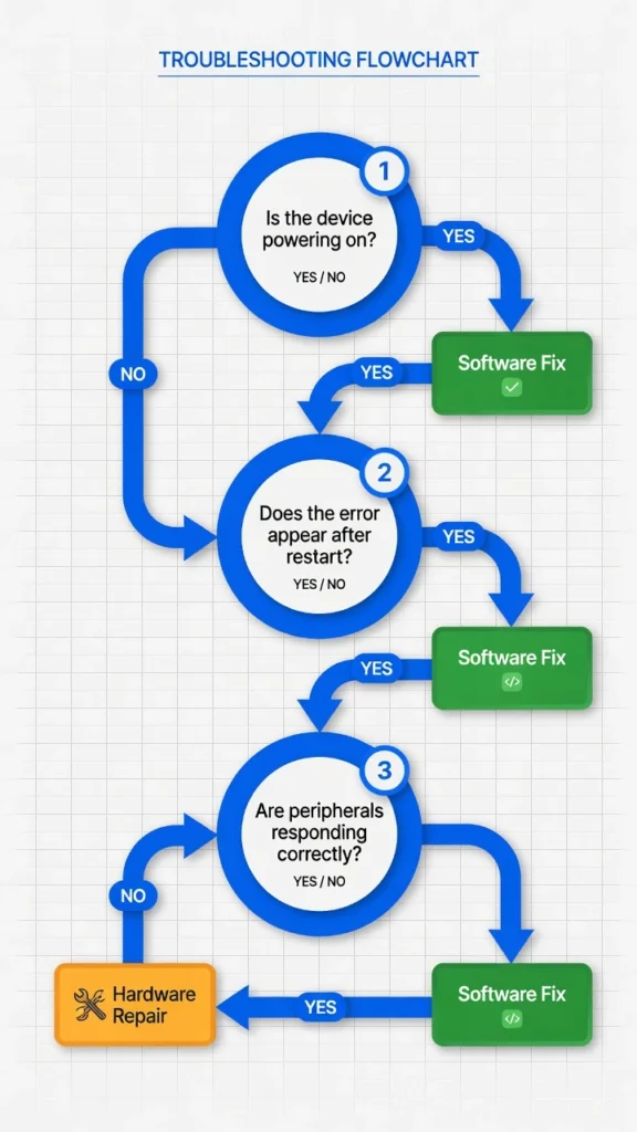  Diagnostic flowchart showing three tests to determine if a black line on an HP laptop screen is a software or hardware problem