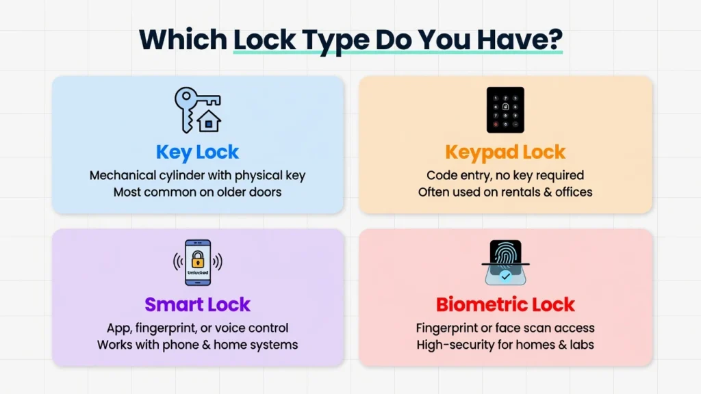 Infographic showing four HP laptop lock types: 
password lock, keyboard lock, touchpad lock, 
and hardware issue with identifying symptoms