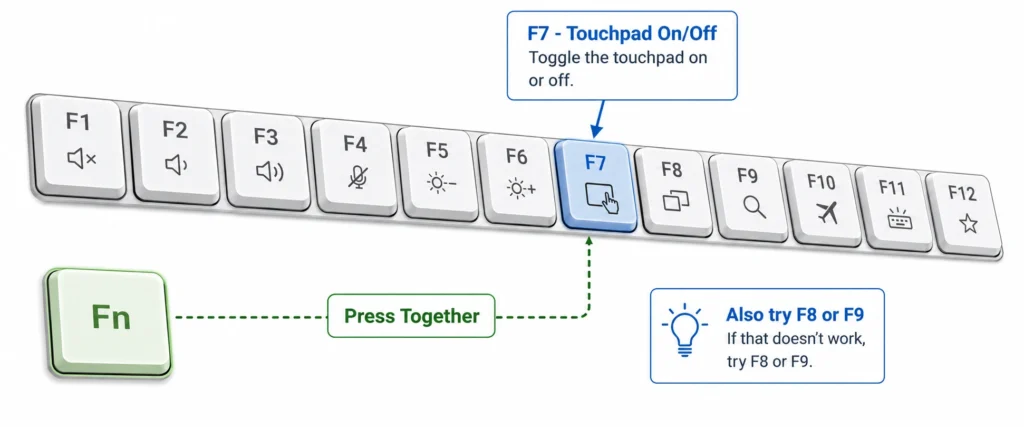 Diagram showing HP laptop Fn key and F7 touchpad 
toggle key combination to unlock disabled touchpad, 
with callout indicating F8 and F9 as alternatives