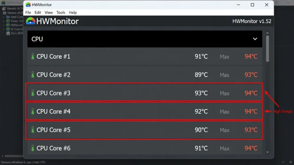 HWMonitor screenshot showing CPU core temperatures reading above 90 degrees Celsius, indicating overheating and likely thermal throttling on a slow PC