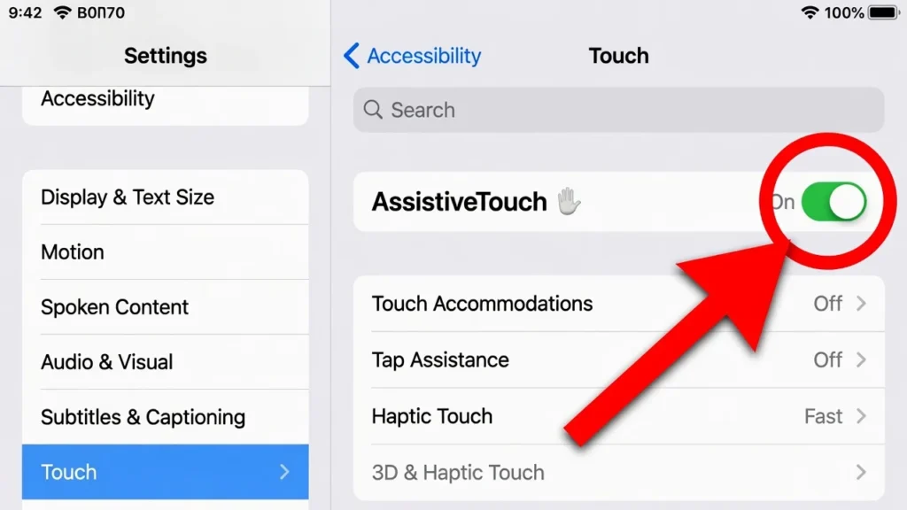  iPad Settings screen showing AssistiveTouch toggle switched on under Accessibility Touch menu in iPadOS