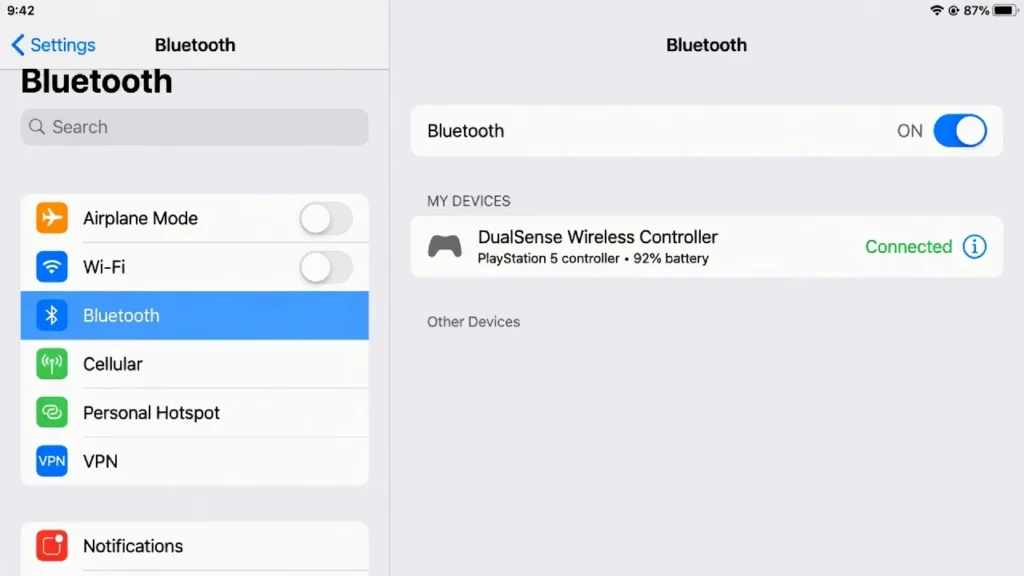 iPad Bluetooth settings screen showing DualSense Wireless Controller listed as connected in the My Devices section