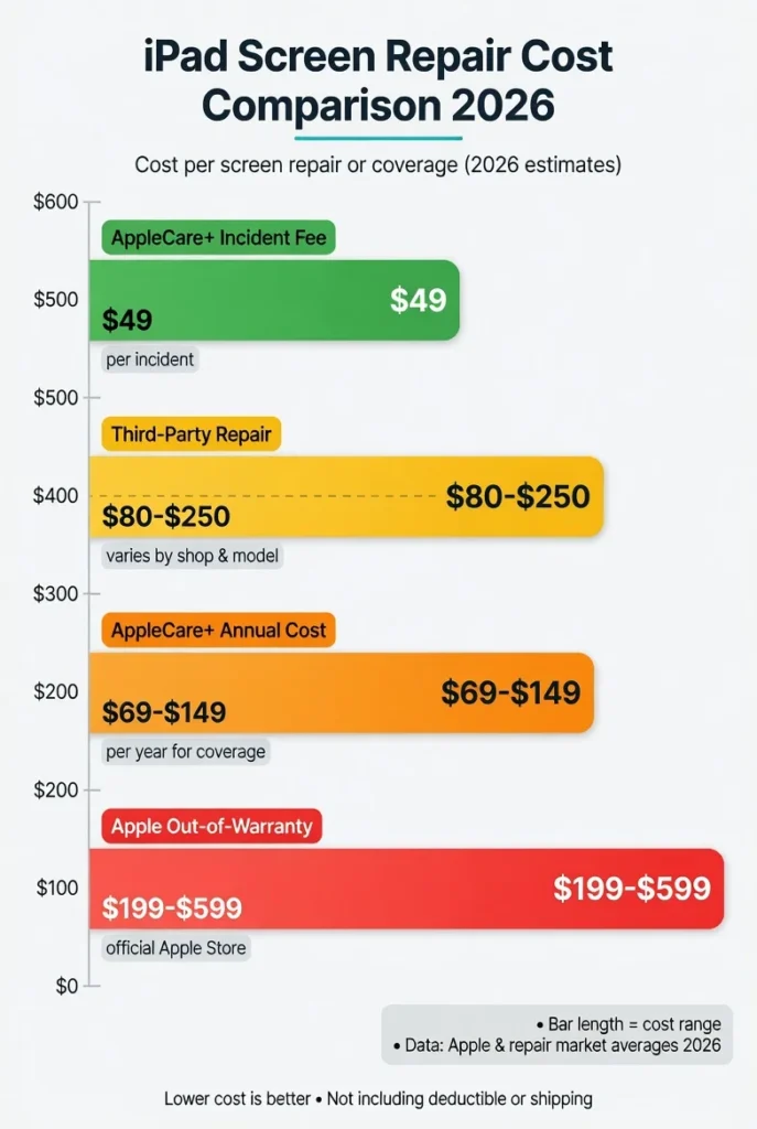 Bar chart comparing iPad screen repair costs in 2026 including Apple warranty, AppleCare Plus service fee, third-party repair, and out-of-warranty Apple pricing