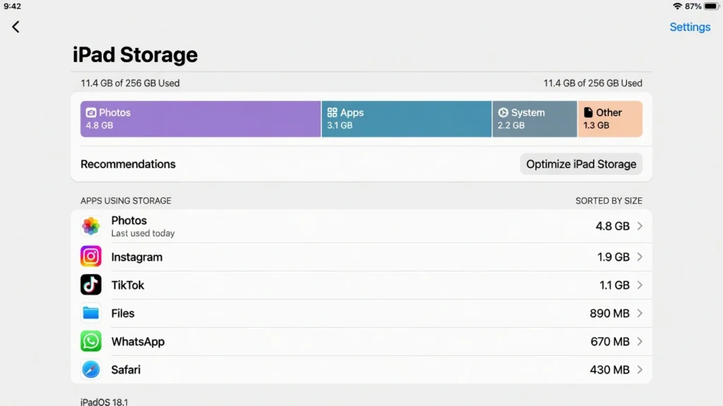 iPadOS Settings showing iPad storage breakdown bar with Photos using the most space