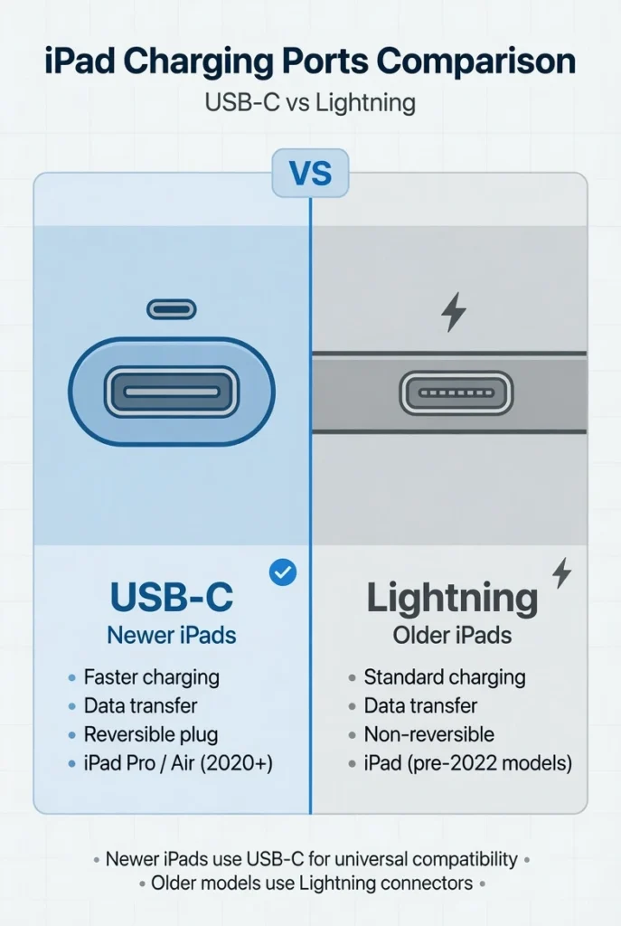 Diagram comparing iPad USB-C port on newer models versus Lightning port on older iPad models for PS5 controller connection