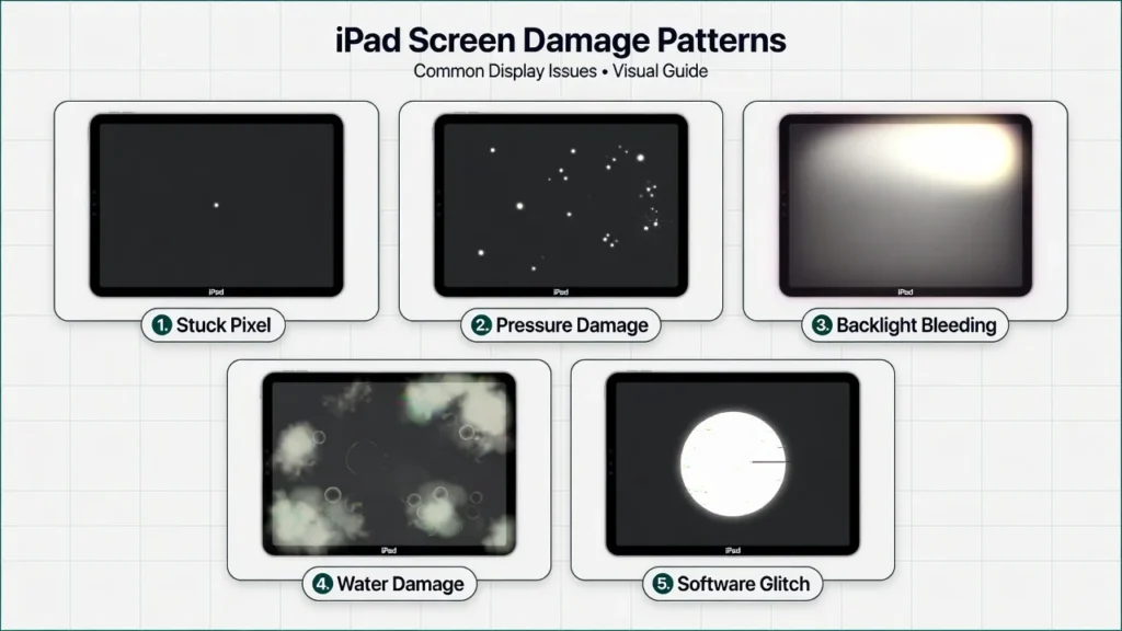 Infographic showing five types of white dot patterns on iPad screens including stuck pixels, pressure damage, backlight bleeding, water damage, and software glitches