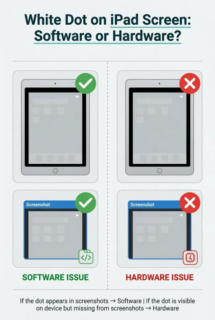 Side-by-side comparison showing iPad white dot appearing in screenshot for software issues and absent from screenshot for hardware damage