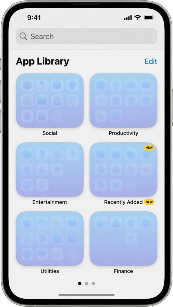 iPhone App Library screen showing app category folders and search bar used to find deleted or missing apps on iPhone