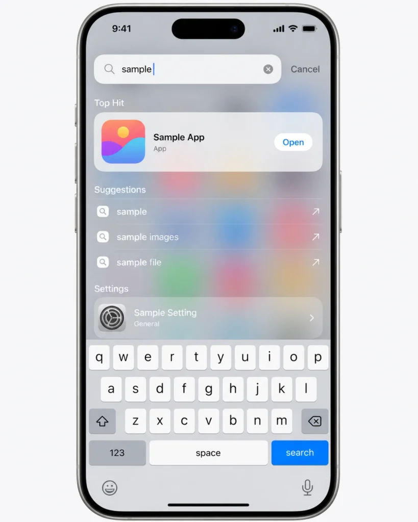 iPhone Spotlight Search screen with a missing app appearing in search results, showing how to find deleted or hidden apps on iPhone