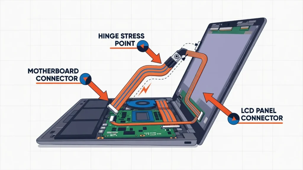  Diagram showing the internal flex cable path inside a laptop running from the motherboard through the hinge to the LCD screen panel connector