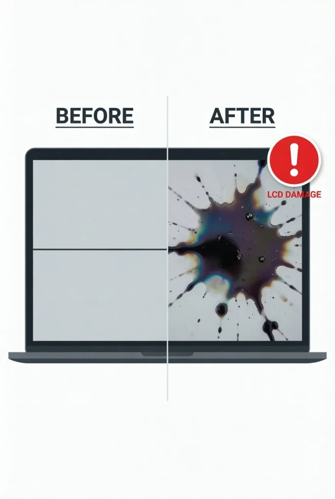 : Before and after illustration showing how pressing on a laptop LCD screen spreads liquid crystal damage from a thin black line into a larger dark blotch