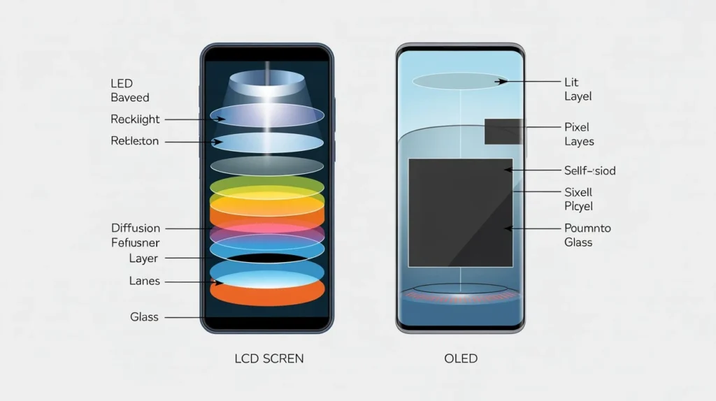 Cross-section diagram comparing LCD and OLED phone screen layer structures showing where bright spots and display damage occur