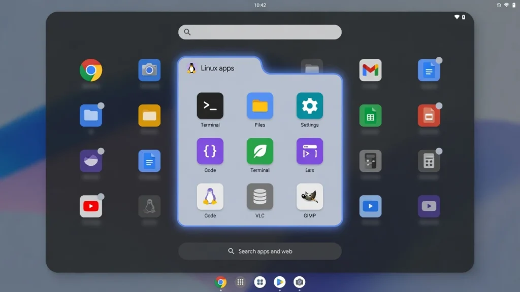 Chrome OS app launcher showing the Linux apps folder highlighted where Linux Beta applications are stored for removal