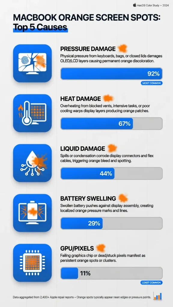 Infographic showing the 5 main causes of orange spots on MacBook screens: pressure damage, heat damage, liquid damage, battery swelling, and stuck pixels, ranked by frequeny
