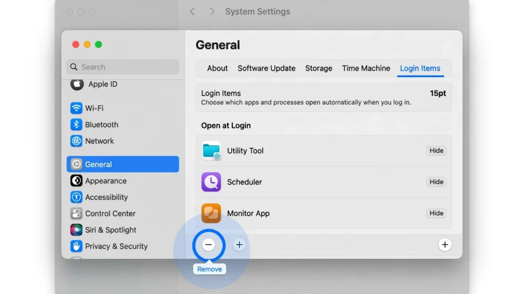 macOS System Settings showing Login Items panel 
under General with minus button highlighted to 
remove startup apps and reduce RAM usage