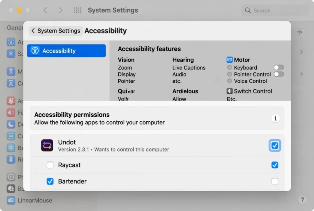 Screenshot showing macOS System Settings Accessibility menu with Undot app permission checkbox highlighted for accessibility feature
