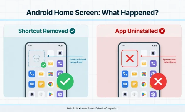 Side-by-side diagram showing the difference between a removed home screen shortcut and a fully uninstalled app on Android
