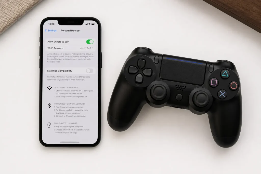 Smartphone with personal hotspot enabled next to PS4 controller showing mobile hotspot PS4 connection method