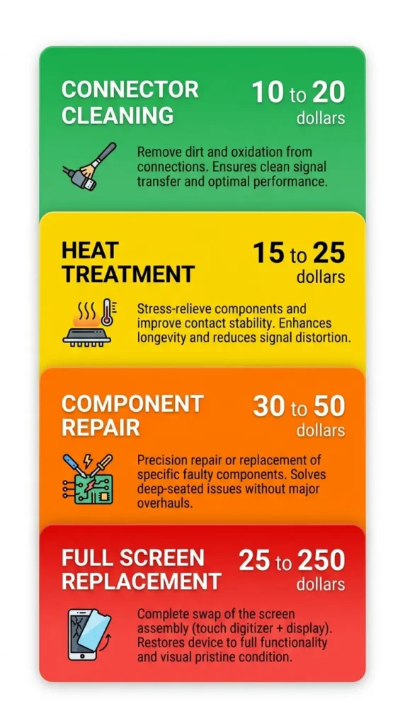 Four-tier chart showing phone screen repair costs from connector cleaning at 10 to 20 dollars up to full screen replacement at 250 dollars