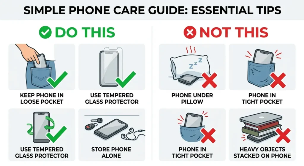Do and don't comparison showing phone care habits that prevent bright spots including avoiding sleeping with phone under pillow